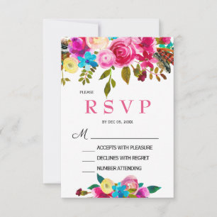 Levendige roze waterverf bloemenuitnodiging met RS RSVP Kaartje