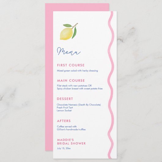 Levendige Roze Wavy Line Lemon Baby shower Party Menu (Voorkant / Achterkant)