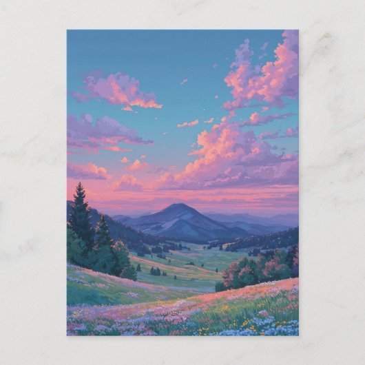 Levendige roze zonsondergang boven bergweide briefkaart (Voorkant)