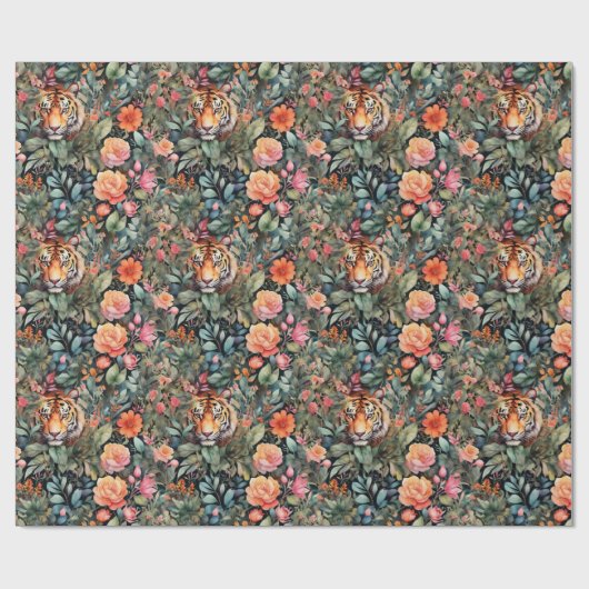Levendige rozen en tijgers oerwoud cadeaupapier (Vlak)