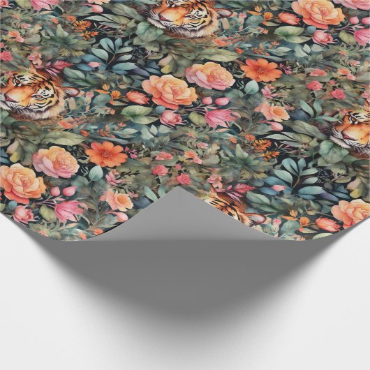 Levendige rozen en tijgers oerwoud cadeaupapier (Hoek)