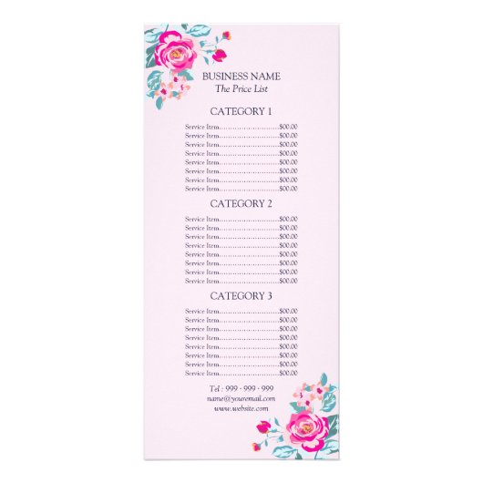 Levendige Rozen Hot-Pink Floral Price List Menu (Voorkant)