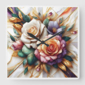 Levendige Rozen met bladeren op een marmeren achte Vierkante Klok (Voorkant)