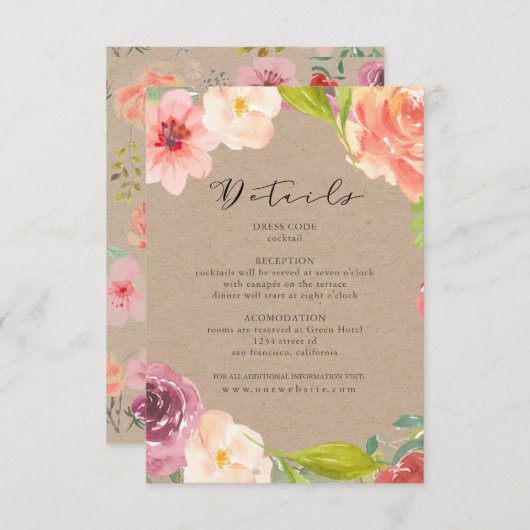 Levendige Rustieke bloemenbruiloft details Kaart (Voorkant / Achterkant)