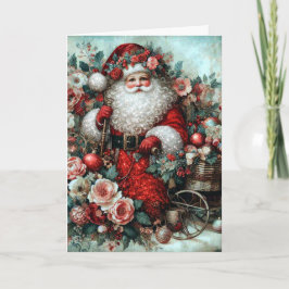 Levendige Rustieke Bloemige Vintage Kerstman Feestdagen Kaart