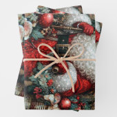 Levendige Rustieke Bloemige Vintage Kerstman Inpak Inpakpapier Vel (In situ)