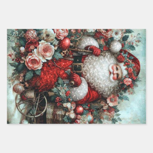 Levendige Rustieke Bloemige Vintage Kerstman Inpak Inpakpapier Vel (Voorkant)