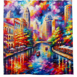 "Levendige San Antonio Riverwalk met rivierboten" Douchegordijn