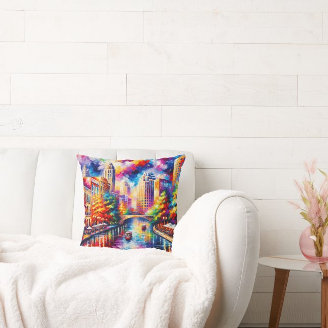 "Levendige San Antonio Riverwalk met rivierboten" Kussen (Bank)