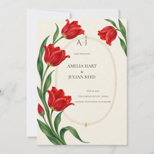 Levendige scharlaken tulp botanisch save the date (Voorkant)