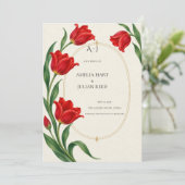 Levendige scharlaken tulp botanisch save the date (Staand voorkant)