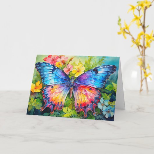 Levendige Schattige vlinderkunst Happy Birthday Kaart (Gele Bloem)