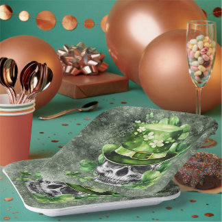 Levendige Schedel met Groene Hoed Illustratie Papieren Bordje
