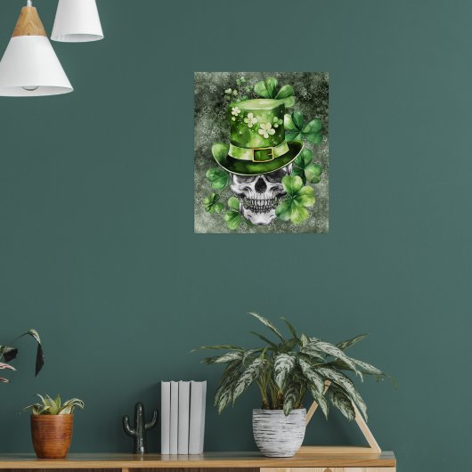 Levendige Schedel met Groene Hoed Illustratie Poster (Woonkamer 1)