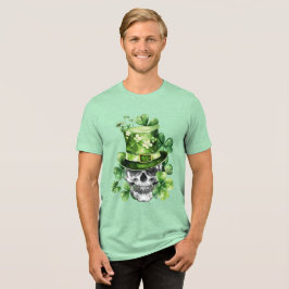 Levendige Schedel met Groene Hoed Illustratie Tri-Blend Shirt