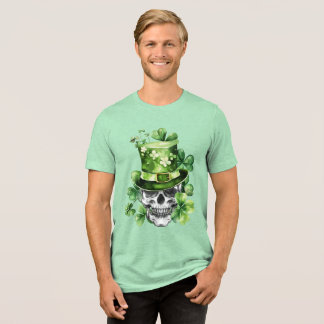 Levendige Schedel met Groene Hoed Illustratie Tri-Blend Shirt