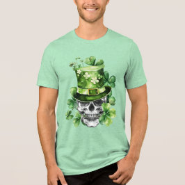 Levendige Schedel met Groene Hoed Illustratie Tri-Blend Shirt
