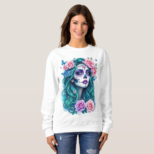 Levendige schedel met Rozen, cadeau voor haar Trui (Voorkant volledig)