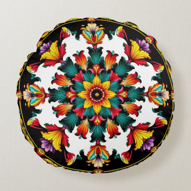 Levendige Sierlijke Mandala Ontwerp Rond Kussen (Voorkant)