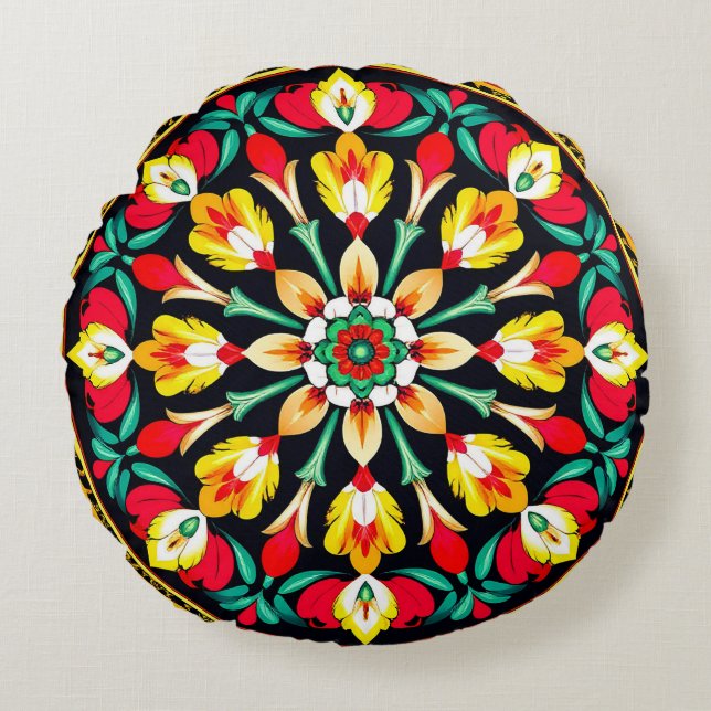 Levendige Sierlijke Mandala Ontwerp Rond Kussen (Voorkant)