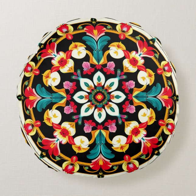 Levendige Sierlijke Mandala Ontwerp Rond Kussen (Voorkant)
