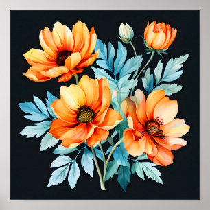 Levendige Sinaasappel en Blauwe Bloemen Waterverf Poster