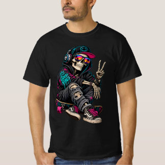 Levendige skelet-skateboarder met vredesteken en P T-shirt