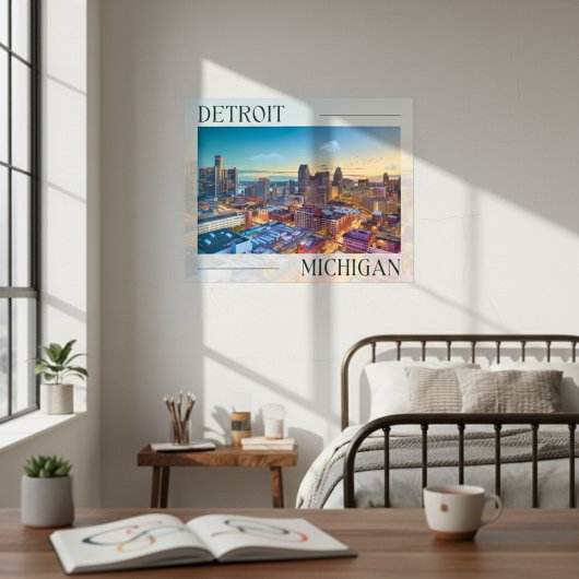Levendige skyline van Detroit bij zonsondergang Poster