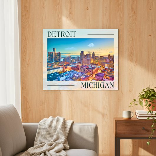 Levendige skyline van Detroit bij zonsondergang Poster