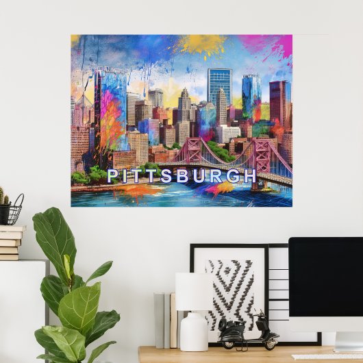 Levendige skyline van Pittsburgh, kleurrijke stede Poster (Thuiskantoor)