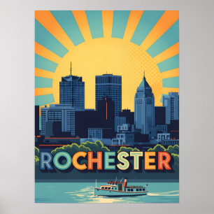 Levendige skyline van Rochester bij zonsondergang Poster