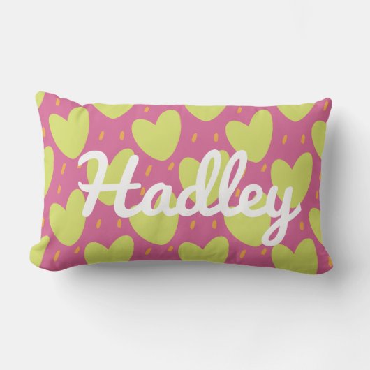 Levendige speelse harten, roze en groene naam kussen (Voorkant)