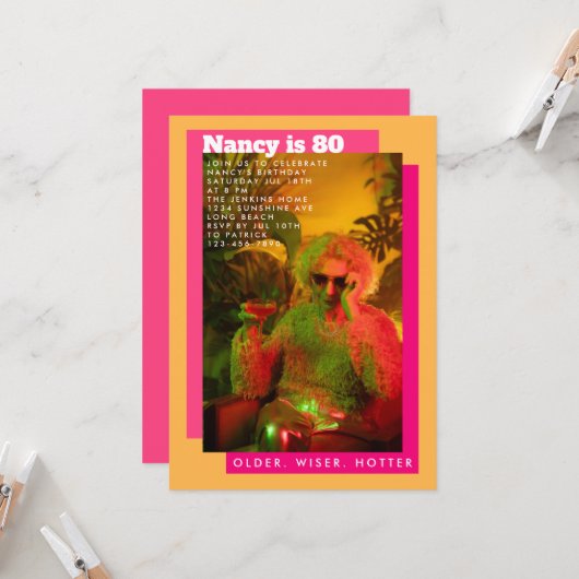 Levendige Speelse Roze & Gele Foto Senior Verjaard Kaart (Voorkant / Achterkant in situ)