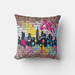 Levendige Spray-Painted City Skyline Kussen
