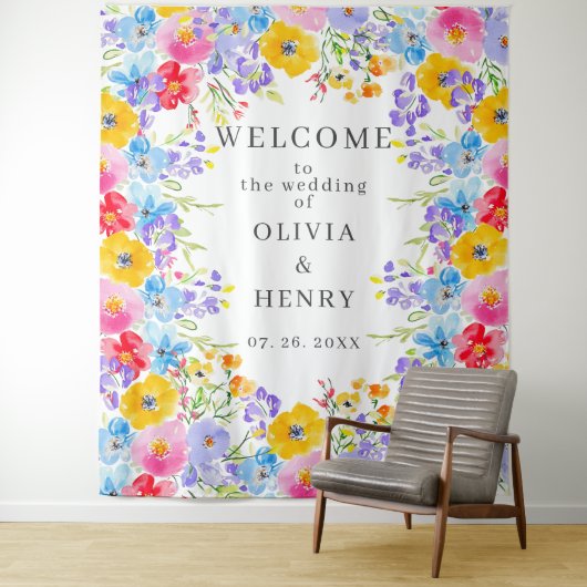 Levendige Spring Waterverf Bloemen Welkom bruiloft Wandkleed (In situ)