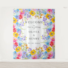 Levendige Spring Waterverf Bloemen Welkom bruiloft Wandkleed