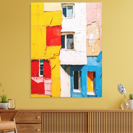 Levendige stadsramen – Abstract olieverfschilderij Canvas Afdruk (Insitu (Woonkamer))