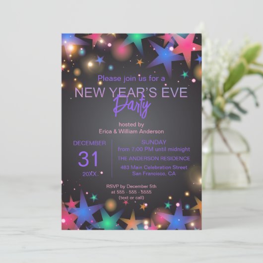 Levendige sterren en lichten op Black New Year's P Kaart (Staand voorkant)