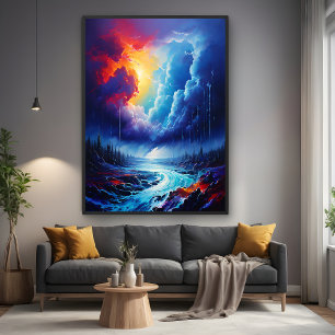 Levendige Stormy Sky Abstracte River Landscape Art Poster