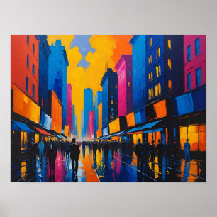 Levendige Straat Schilderij 's Nachts Poster