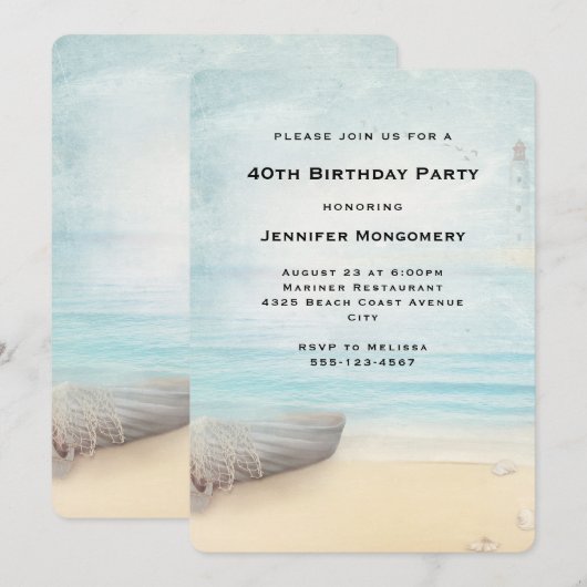 Levendige strand met Boat & Lighthouse Birthday Kaart (Voorkant / Achterkant)