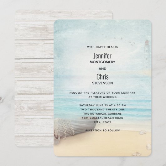 Levendige strand scène met Boat & Lighthouse Weddi Kaart (Voorkant / Achterkant)