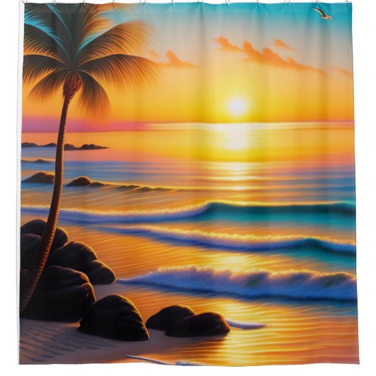 Levendige strandzonsondergang douchegordijn (Voorkant)