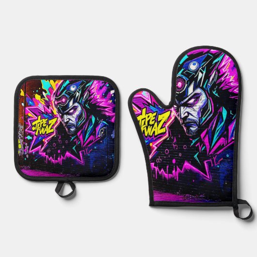 Levendige Street Art Glow Ovenwant & Pannenlap Set (Voorkant)