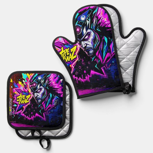 Levendige Street Art Glow Ovenwant & Pannenlap Set (Voorkant / Achterkant)