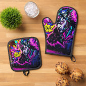 Levendige Street Art Glow Ovenwant & Pannenlap Set (Top down)