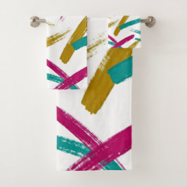 Levendige streken, turquoise, magenta en mosterdpa bad handdoek