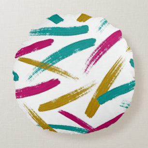 Levendige strepen, turquoise, magenta en mosterdpa rond kussen