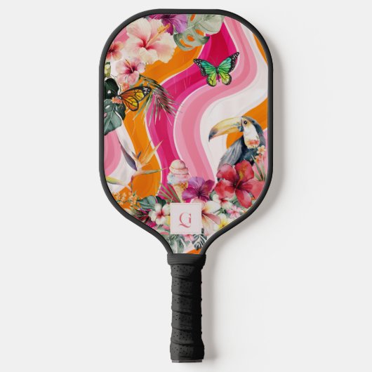 levendige stroming | Funky Retro Tropical Monogram Pickleball Paddle (Voorkant)