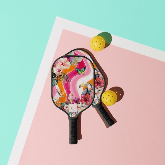 levendige stroming | Funky Retro Tropical Monogram Pickleball Paddle